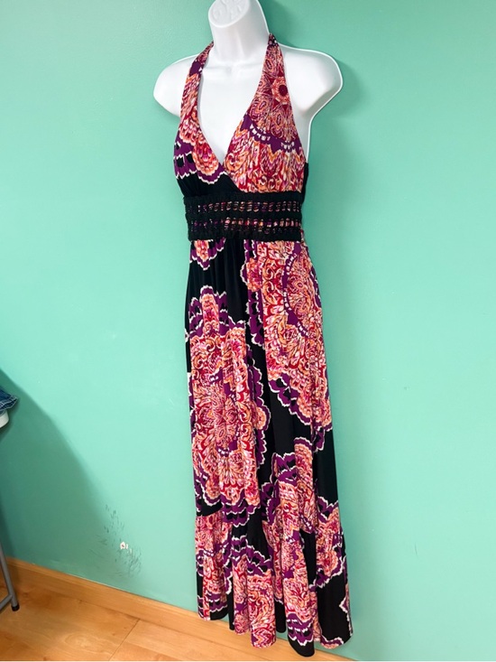 Bisou Bisou Pink & Black Floral Boho Halter Maxi Dress Womens 12 - Picture 5 of 9